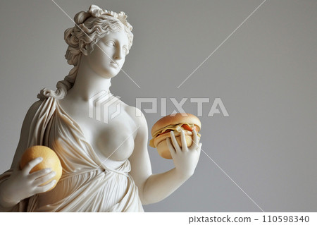 Ancient Greek goddess sculpture holding a burger. Female marble statue offers a cheeseburger. Fast food, overeating, bad diet, unhealthy eating habits concept, copy space. Restaurant menu mockup 110598340