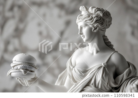 Ancient Greek goddess sculpture holding a burger. Female marble statue offers a cheeseburger. Fast food, overeating, bad diet, unhealthy eating habits concept, copy space. Restaurant menu mockup Ancient Greek goddess sculpture holding a burger. Female marble statue offers a cheeseburger. Fast food, overeating, bad diet, unhealthy eating habits concept, copy space. Restaurant menu mockup 110598341