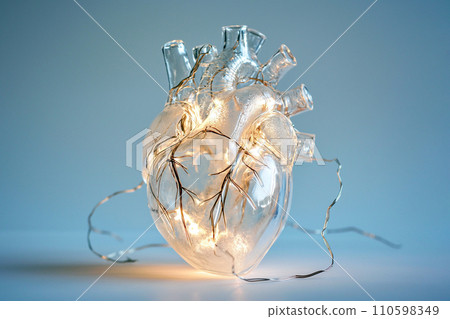 Human heart made of glass or ice with light garland. Anatomically correct heart on blue background. Glowing frozen heart, love and romantic concept Human heart made of glass or ice with light garland. Anatomically correct heart on blue background. Glowing frozen heart, love and romantic concept 110598349