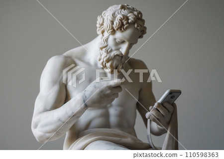 Ancient Greek god sculpture holding a smartphone. Statue of a hero scrolling social media. Doomscrolling, mental health, digital wellness concept. Bad habits, consuming information, reading news. Ancient Greek god sculpture holding a smartphone. Statue of a hero scrolling social media. Doomscrolling, mental health, digital wellness concept. Bad habits, consuming information, reading news. 110598363