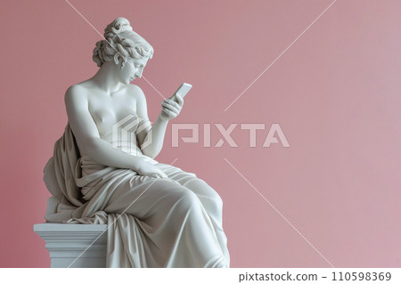 Ancient Greek goddess sculpture holding a smartphone. Female marble statue scrolling social media. Doomscrolling, mental health, digital wellness, time loss concept. Bad habits, reading news. Ancient Greek goddess sculpture holding a smartphone. Female marble statue scrolling social media. Doomscrolling, mental health, digital wellness, time loss concept. Bad habits, reading news. 110598369