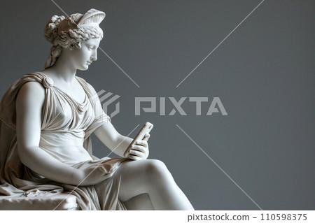 Ancient Greek goddess sculpture holding a smartphone. Female marble statue scrolling social media. Doomscrolling, mental health, digital wellness, time loss concept. Bad habits, reading news. 110598375