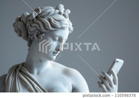 Ancient Greek goddess sculpture holding a smartphone. Female marble statue scrolling social media. Doomscrolling, mental health, digital wellness, time loss concept. Bad habits, reading news. Ancient Greek goddess sculpture holding a smartphone. Female marble statue scrolling social media. Doomscrolling, mental health, digital wellness, time loss concept. Bad habits, reading news. 110598378