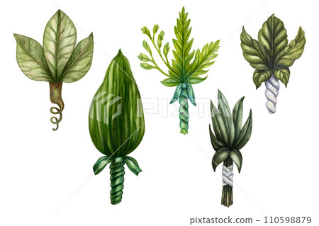 Watercolor silver boutonniere in Art Nouveau, Victorian style for flower bouquet for an elegant men's suit, for the groom for a wedding, children's birthday bouquet, sticker, card, invitation 110598879