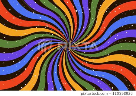 Groovy abstract rainbow swirl on black background. Retro design in 1960-1970s style. Vintage sunburst backdrop. Colorful summer hippie carnival vector illustration Groovy abstract rainbow swirl on black background. Retro design in 1960-1970s style. Vintage sunburst backdrop. Colorful summer hippie carnival vector illustration 110598923