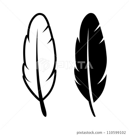 Vector Black and White Fluffy Feather Logo Icon, Silhouette Feather Set Closeup Isolated. Design Template of Flamingo, Angel, Bird Feather. Lightness, Freedom Concept 110599102