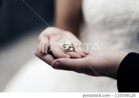 Wedding rings background. Engagement or marriage template 110599126