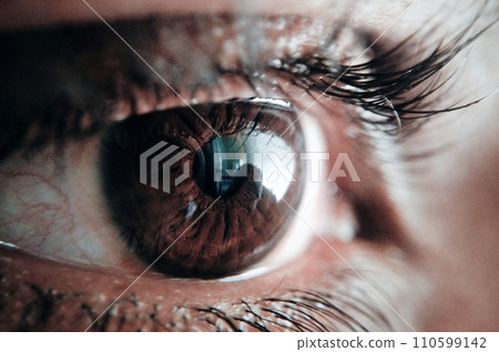 Eye close view. Human eye glance photo background. Emotional look Eye close view. Human eye glance photo background. Emotional look 110599142