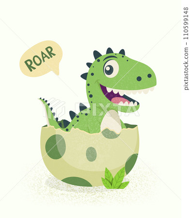 Vector Flat T-Rex Hatched From an Egg. Cartoon Smiling Happy Cute Funny Tyrannosaurus Rex Sitting in Egg. Vector Illustration 110599148