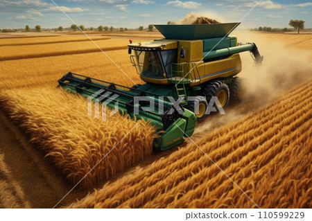 An aerial view of a combine harvester harvesting wheat at sunset 110599229