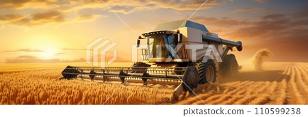 Combine in wheat field harvesting wheat at sunset 110599238