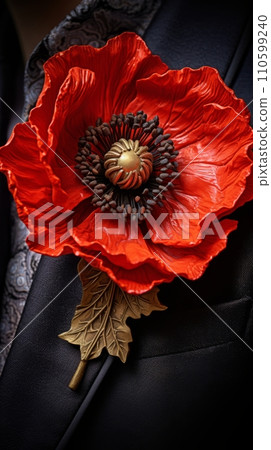 Poppy flower in the buttonhole of a man's jacket, a remembrance poppy in memory of fallen soldiers in the war Poppy flower in the buttonhole of a man's jacket, a remembrance poppy in memory of fallen soldiers in the war 110599240