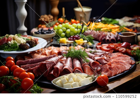 Catering buffet in a restaurant, festive catering, a variety of dishes in containers on the table Catering buffet in a restaurant, festive catering, a variety of dishes in containers on the table 110599252