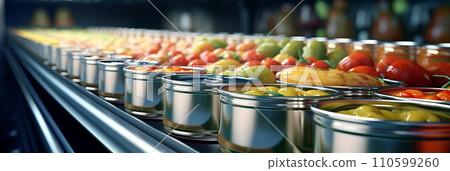Canned food factory, cans with their contents move on a conveyor belt for labeling and marking, banner Canned food factory, cans with their contents move on a conveyor belt for labeling and marking, banner 110599260