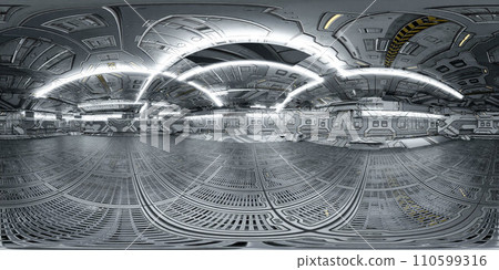 A industrial hall at Night 360 panorama vr environment map 3D render illustration 110599316
