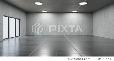 An Empty Room with a Large Window and a Concrete Wall 3d render illustration 110599334