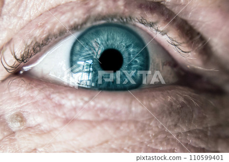 Eye close view. Human eye glance photo background. Emotional look 110599401