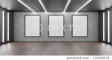 Empty Room With Three Large empty picture frames and Wooden Floor 3d render illustration Empty Room With Three Large empty picture frames and Wooden Floor 3d render illustration 110599478