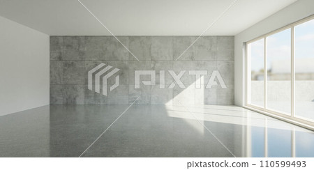 Spacious Room With Expansive Windows and Concrete Wall 3d render illustration 110599493