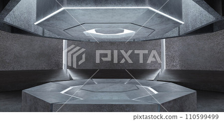 Futuristic Room with Concrete Walls and a product stand 3d render illustration 110599499