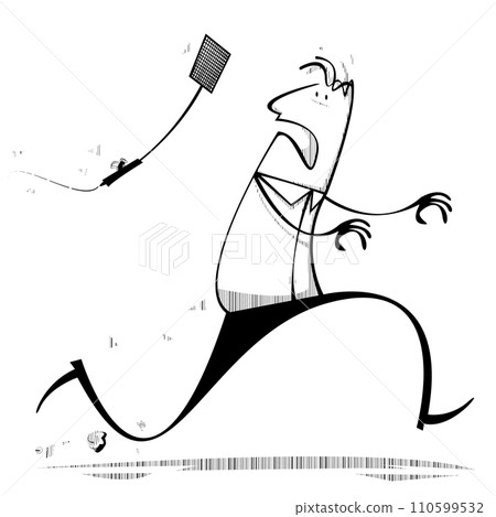 Man being chased by fly with swatter Man being chased by fly with swatter 110599532