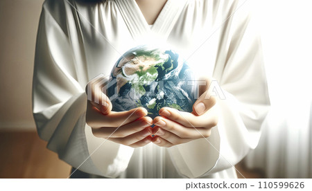 女人的手握住地球。生態。可持續的。環境。永續發展目標形象。人工智慧影像 110599626