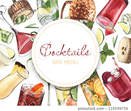Cocktail glasses: martini, gin, margarita, mojito, liquor, rum, moscow mule. Watercolor hand-drawn illustration isolated on white background. Perfect for bar menu with alcoholic drinks, for cafe 110599738