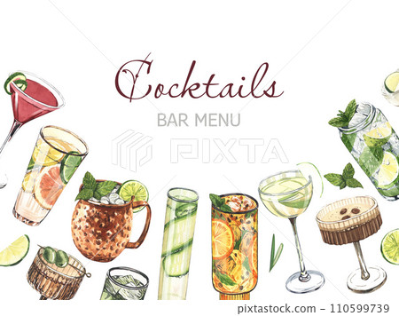 Cocktail glasses: martini, gin, margarita, mojito, liquor, rum, moscow mule. Watercolor hand-drawn illustration isolated on white background. Perfect for bar menu with alcoholic drinks, for cafe Cocktail glasses: martini, gin, margarita, mojito, liquor, rum, moscow mule. Watercolor hand-drawn illustration isolated on white background. Perfect for bar menu with alcoholic drinks, for cafe 110599739