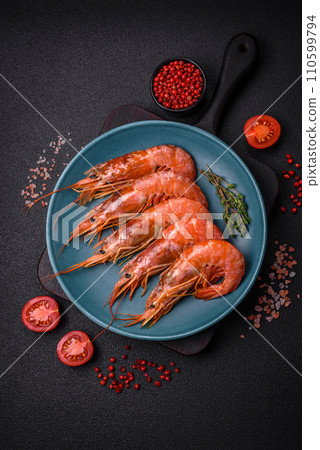 Tiger shrimp or langoustine boiled with spices and salt Tiger shrimp or langoustine boiled with spices and salt 110599794