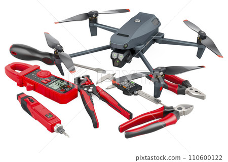 Drone with remote control. Service and repair of drone, 3D rendering Drone with remote control. Service and repair of drone, 3D rendering 110600122