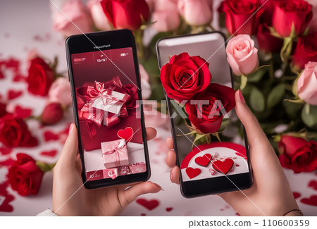 女人的手用智慧型手機拍攝玫瑰花的照片 110600359
