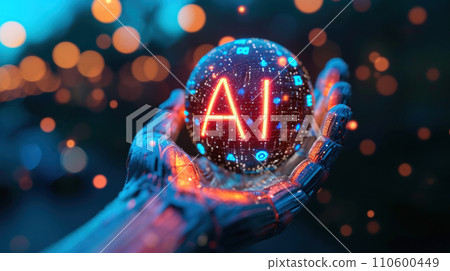 Futuristic AI technology on robot hand, artificial intelligence digital tool on abstract dark background. Concept of data, tech, future, innovation, research and computer 110600449