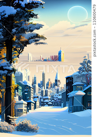 被雪覆蓋的城市的插圖 110600479