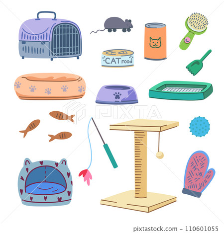 Set of pet supplies. Elements of cat grooming elements, food, toys, cages, beds. Vector illustration. Set of pet supplies. Elements of cat grooming elements, food, toys, cages, beds. Vector illustration. 110601055