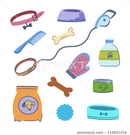 Set of pet supplies. Elements of dog grooming elements, food, toys, cages, beds. Vector illustration. Set of pet supplies. Elements of dog grooming elements, food, toys, cages, beds. Vector illustration. 110601056