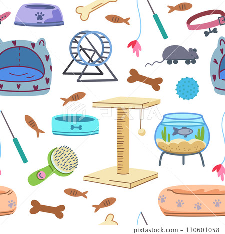 Seamless pattern with pet supplies. Elements of veterinary and pet shop elements, food, toys, cages, beds. Vector illustration. Seamless pattern with pet supplies. Elements of veterinary and pet shop elements, food, toys, cages, beds. Vector illustration. 110601058