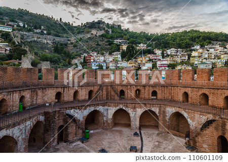 Upper part of the historical Red Tower Kizil Kule, in Alanya Castle. The Red Tower is the symbol of the Alanya city, and the famous touristic place, Turkey 110601109