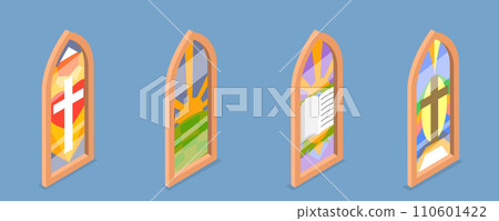 3D Isometric Flat Vector Set of Church Stained Arched Windows 110601422