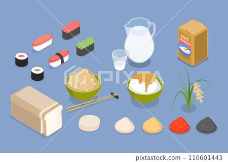 3D Isometric Flat Vector Illustration of Rice Food Products Collection 110601443