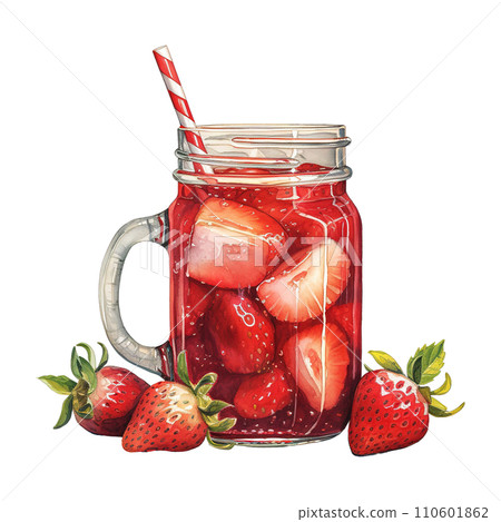 Jar of strawberries with a straw. AI generated image 110601862