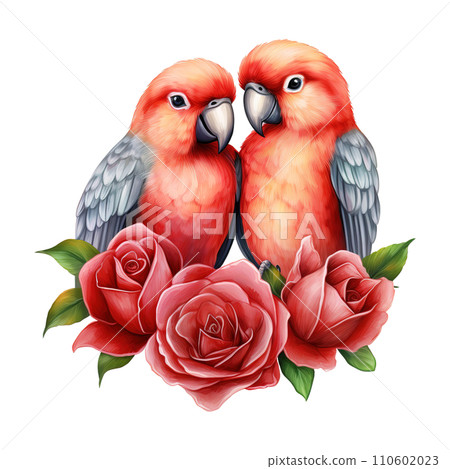 Lovebird sitting on a branch with roses. AI generated image 110602023