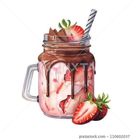 Chocolate milkshake with strawberries and a straw 110602037