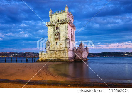Belem Tower on the bank of the Tagus River in twilight. Lisbon, Portugal Belem Tower on the bank of the Tagus River in twilight. Lisbon, Portugal 110602074