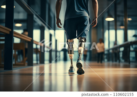 Unrecognizable Amputee Sportsman Walking with Bionic Prosthetic Legs Unrecognizable Amputee Sportsman Walking with Bionic Prosthetic Legs 110602155
