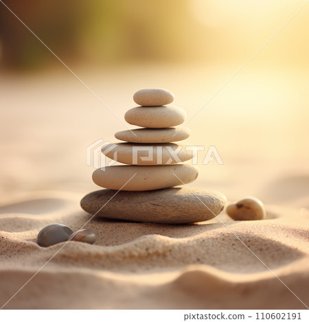 Zen stones stack on sand waves in a minimalist setting for balance and harmony 110602191