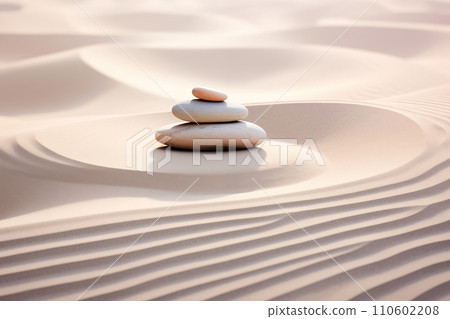 Zen stones stack on raked sand waves in a minimalist setting for balance and harmony 110602208