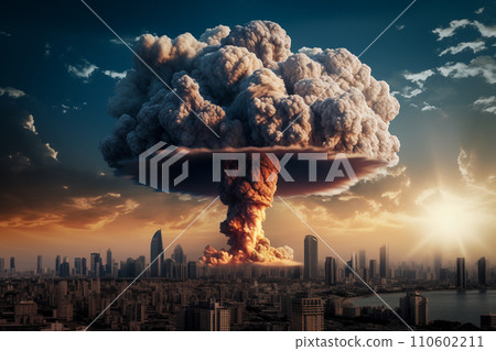 Nuclear Blast and Mushroom Cloud in City Skyline 110602211