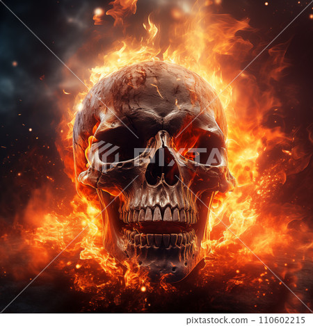Burning Skull on Dark Background 110602215