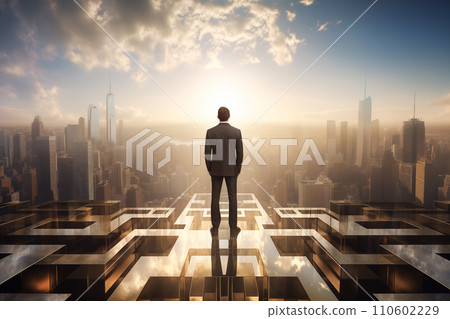 Businessman Standing on Rooftop with Futuristic City Skyline at Sunrise 110602229
