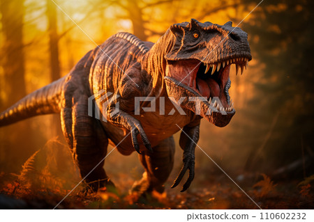 Tyrannosaurus rex roaring in a prehistoric forest with ferns and sunlight 110602232